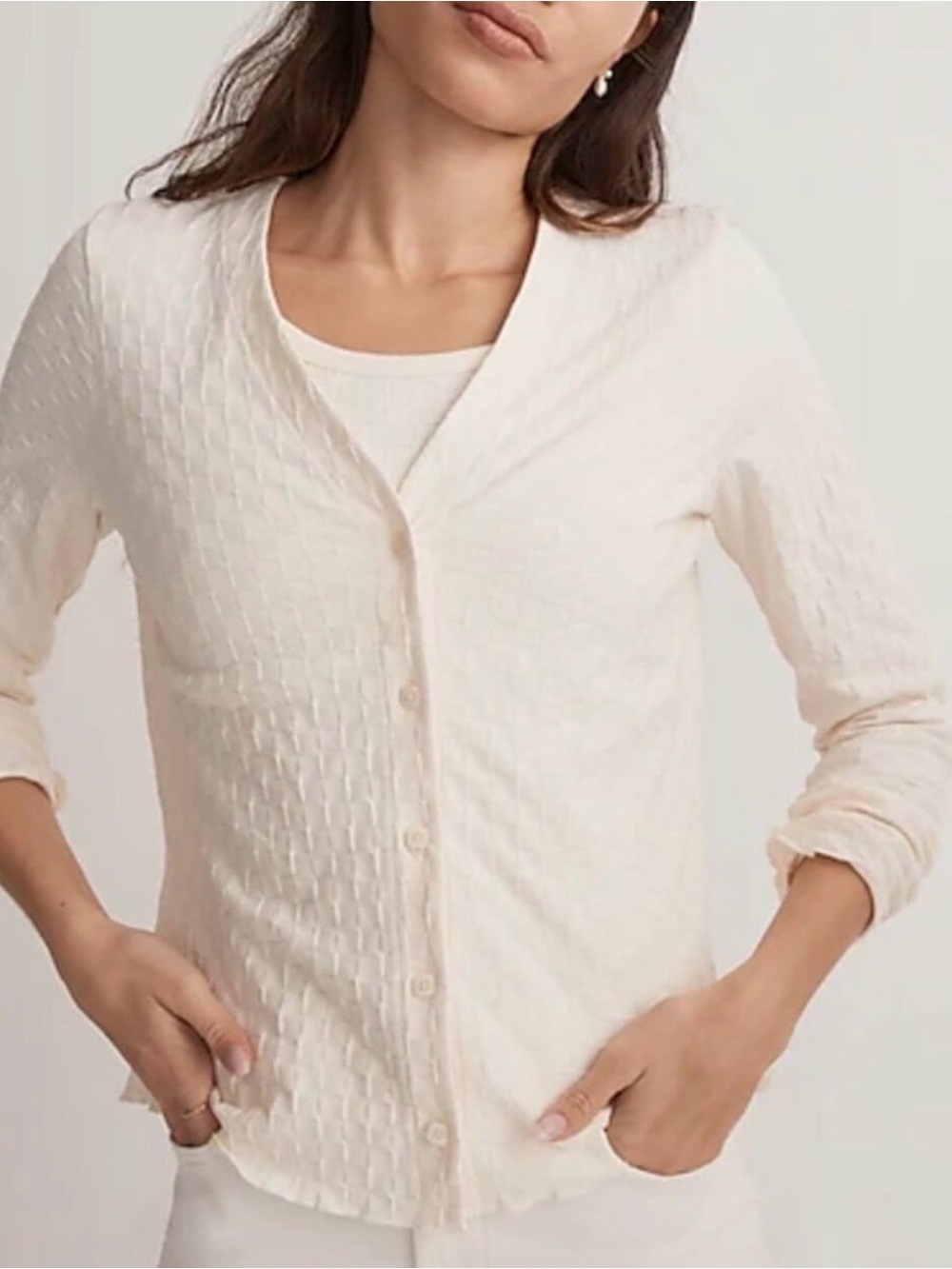 Madewell Ivory Checkered Texture V-Neck Button Up Cardigan Cottage Core Size XL